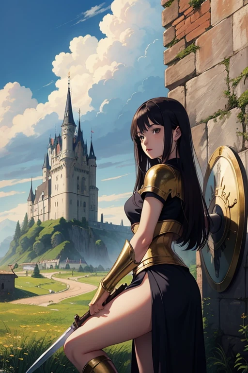 anime girl in golden armor with a sword and shield who is 20 years old in a medieval landscape with the shield raised and a castle in the distance