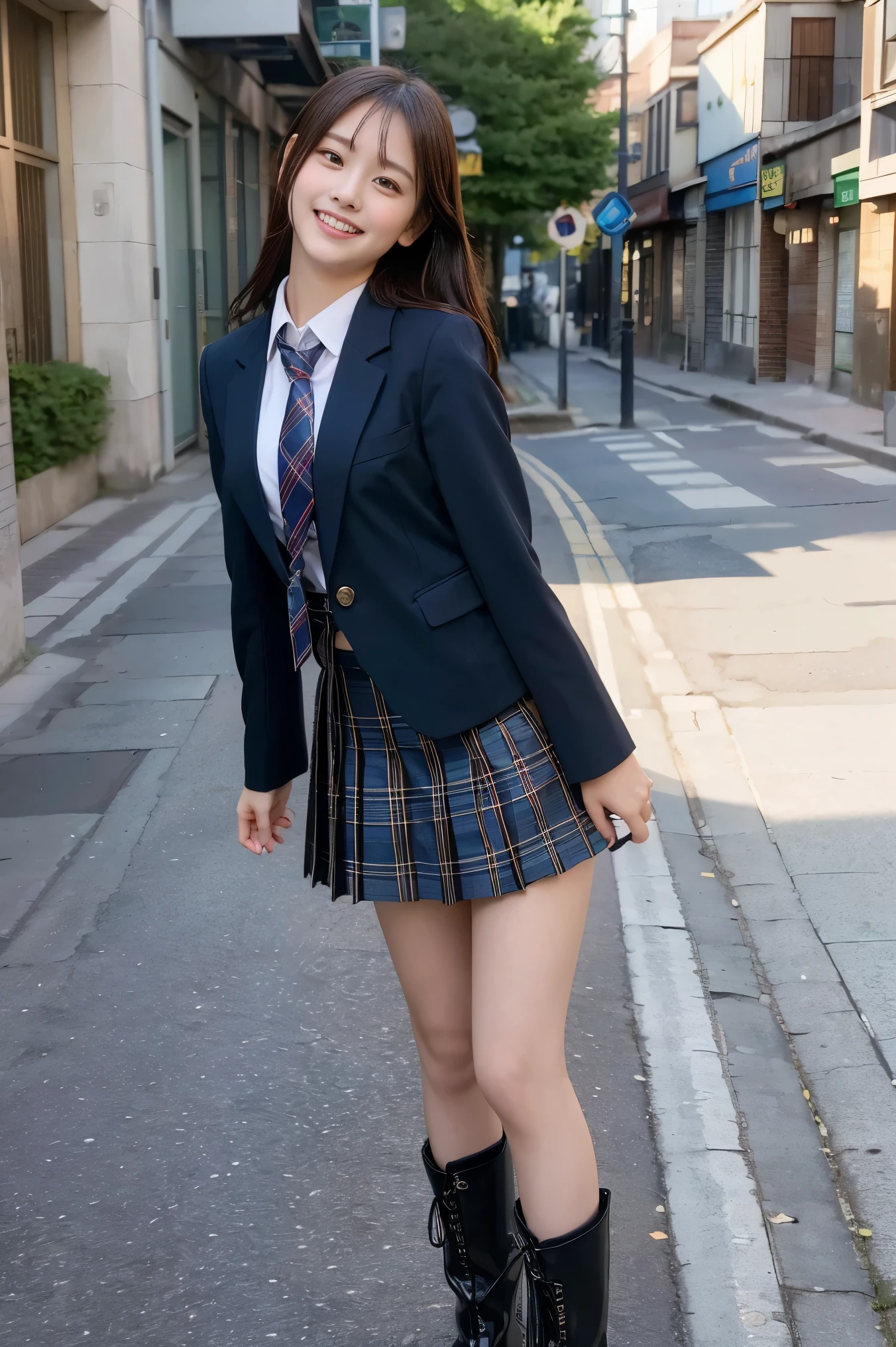 (8K), (highest quality: 1.2), (Realistic), (Realistic: 1.37), Ultra-high resolution, 1 girl, cute, (Embarrassed smile:1.2), (Blushing:1.4),Mouth closed, Beautiful details, Beautiful Nose, black straight Hair, giant dulcefo, pork, Thighs,Navel exposed,University Student Uniform,A simple blazer,Pleated skirt,(The skirt and tie are tartan check pattern.:1.3),Platform boots, (standing on a street:1.2),(Shiny Thighs:1.2), medium shot ,(low angle:1.2)