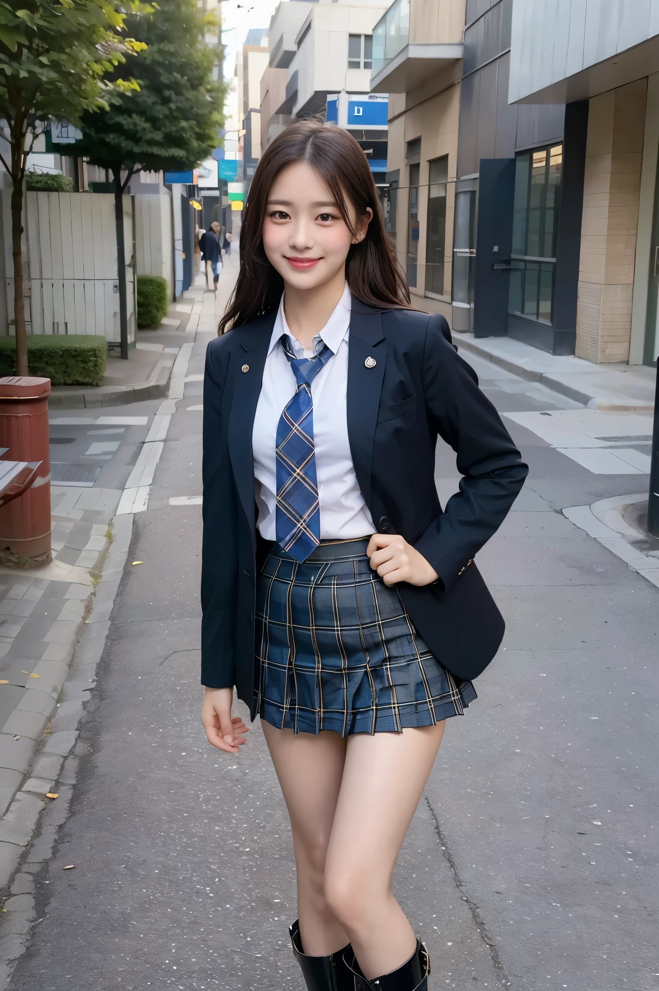(8K), (highest quality: 1.2), (Realistic), (Realistic: 1.37), Ultra-high resolution, 1 girl, cute, (Embarrassed smile:1.2), (Blushing:1.4),Mouth closed, Beautiful details, Beautiful Nose, black straight Hair, giant dulcefo, pork, Thighs,Navel exposed,University Student Uniform,A simple blazer,Pleated skirt,(The skirt and tie are tartan check pattern.:1.3),Platform boots, (standing on a street:1.2),(Shiny Thighs:1.2), medium shot ,(low angle:1.2)