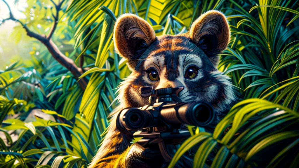 in the forest, animal sniper, highly detailed portrait, beautiful detailed eyes, beautiful detailed lips, extremely detailed eyes and face, long eyelashes, high quality, 8k, hyperrealistic, photorealistic, hyper detailed, realistic, masterpiece, intricate details, sharp focus, professional lighting, vivid colors, moody lighting, dramatic chiaroscuro, cinematic framing, atmospheric, breathtaking, fantasy, concept art