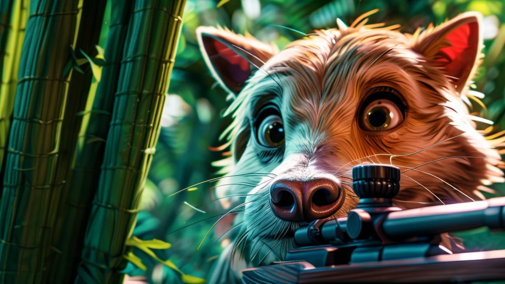 in the forest, animal sniper, highly detailed portrait, beautiful detailed eyes, beautiful detailed lips, extremely detailed eyes and face, long eyelashes, high quality, 8k, hyperrealistic, photorealistic, hyper detailed, realistic, masterpiece, intricate details, sharp focus, professional lighting, vivid colors, moody lighting, dramatic chiaroscuro, cinematic framing, atmospheric, breathtaking, fantasy, concept art