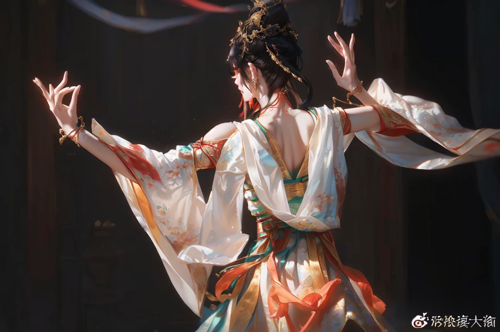  Girl wearing Hanfu, Dancing back，Dunhuang飞天，Dunhuang，Lighting，Side light，Clothes yarn，Flowing clothes，Metal jewelry，back，Girl&#39;s back，