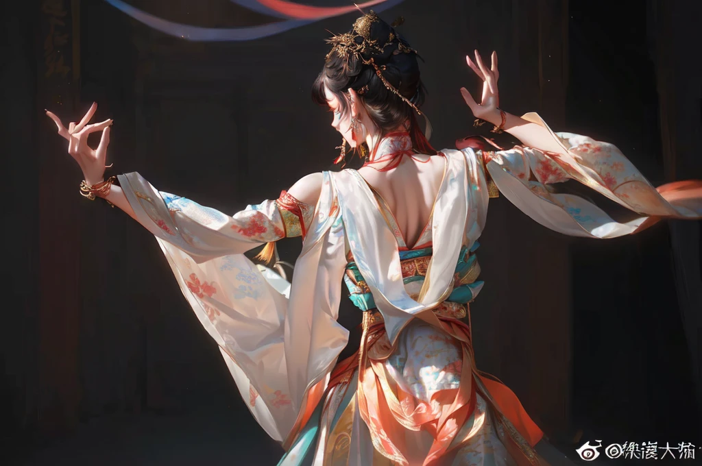  Girl wearing Hanfu, Dancing back，Dunhuang飞天，Dunhuang，Lighting，Side light，Clothes yarn，Flowing clothes，Metal jewelry，back，Girl&#39;s back，