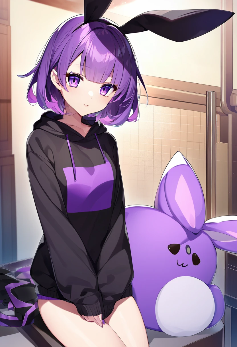 anime girl in black sweatshirt with short purple hair, with big purple bunny ears and purple eyes