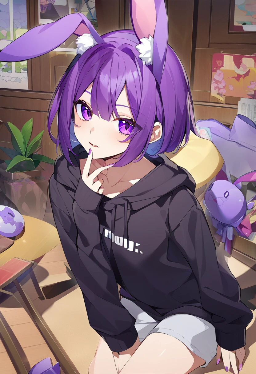  anime girl in black sweatshirt with short purple hair, with big purple bunny ears and purple eyes