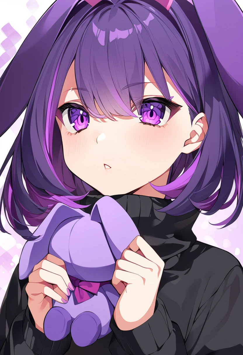 anime girl in black sweatshirt with short purple hair, with big purple bunny ears and purple eyes