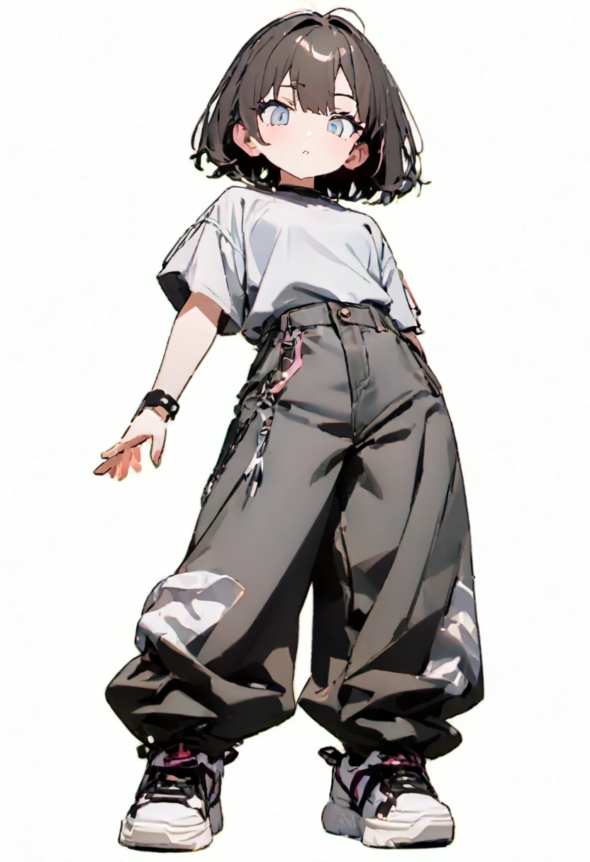 (Masterpiece, Highest quality: 1.2, 8k), Centered, whole body, One Girl, Cool Fashion, Wide-leg trousers, simple sneakers, Simple Background, Eyes open、Delicate eyes、Beautiful eyes、