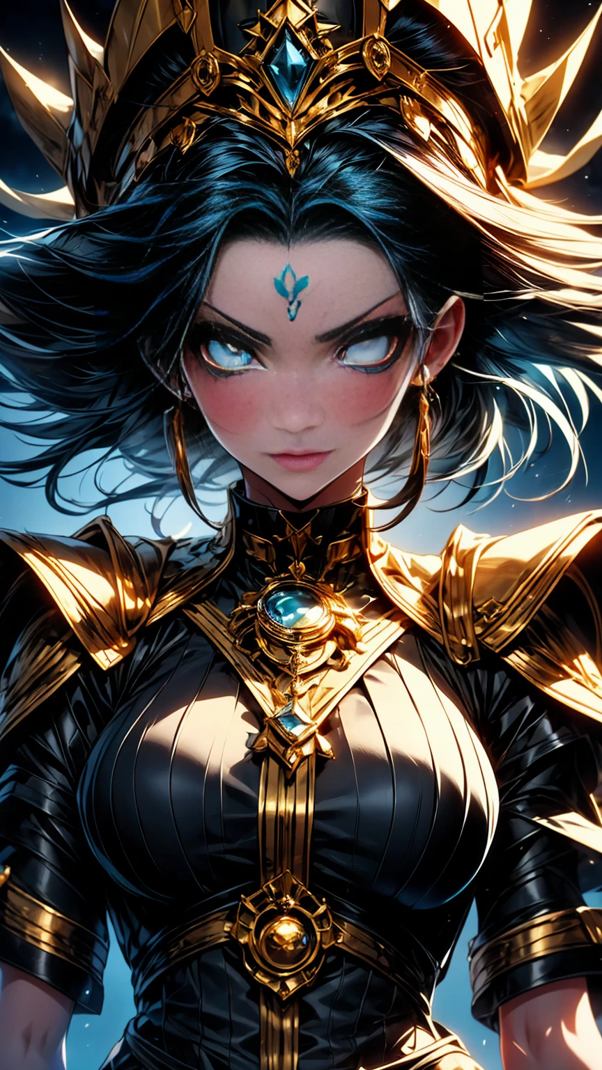 Generate an image of a woman with short black hair with blue highlights, sky-blue eyes with black makeup, and lips painted in soft red. She is wearing a black half-armor on the upper part and a black dress with a side slit at the lower part of her body. Her skin is fair with tattoos on her hip. She wears black heels with scales and a crown of black and blue spikes with golden details. Additionally, she wears a blue cape with black and golden embroidery. She is located in a gallery with tall black columns and a dark background, brightly illuminated, with a somewhat angry expression.