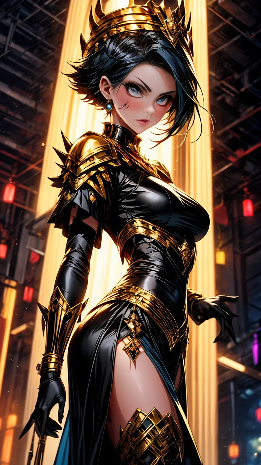 Generate an image of a woman with short black hair with blue highlights, sky-blue eyes with black makeup, and lips painted in soft red. She is wearing a black half-armor on the upper part and a black dress with a side slit at the lower part of her body. Her skin is fair with tattoos on her hip. She wears black heels with scales and a crown of black and blue spikes with golden details. Additionally, she wears a blue cape with black and golden embroidery. She is located in a gallery with tall black columns and a dark background, brightly illuminated, with a somewhat angry expression.