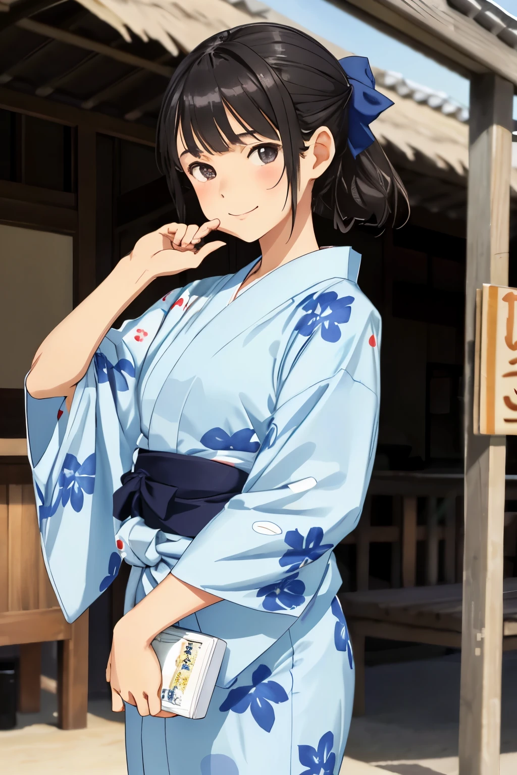 13-year-old girl Her dark hair is tied quite low on her head Very narrow eyes Very droopy eyes clear Bearish Slim figure Light blue yukata Summer festival Walking Squeeze your right hand lightly Right hand covering mouth Shy Smile
