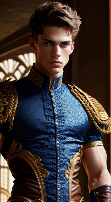 (extremely detailed 8k wallpaper), a medium shot shot of a young male model, blue eyes, brown hair, strong jawline, fearful, intricate, high detail, dramatic, fit body, which tall, full body, prince aesthetic