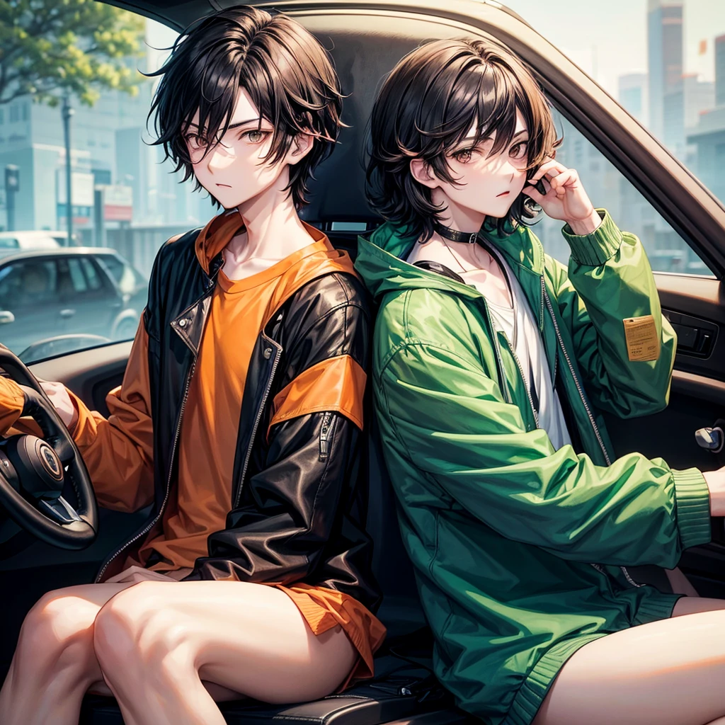 Anime style boy with short shoulder-length wavy hair, pale orange, almond-shaped black eyes, tall with a dominant look, sitting in his car with a green jacket and black headphones around his neck, alone. 