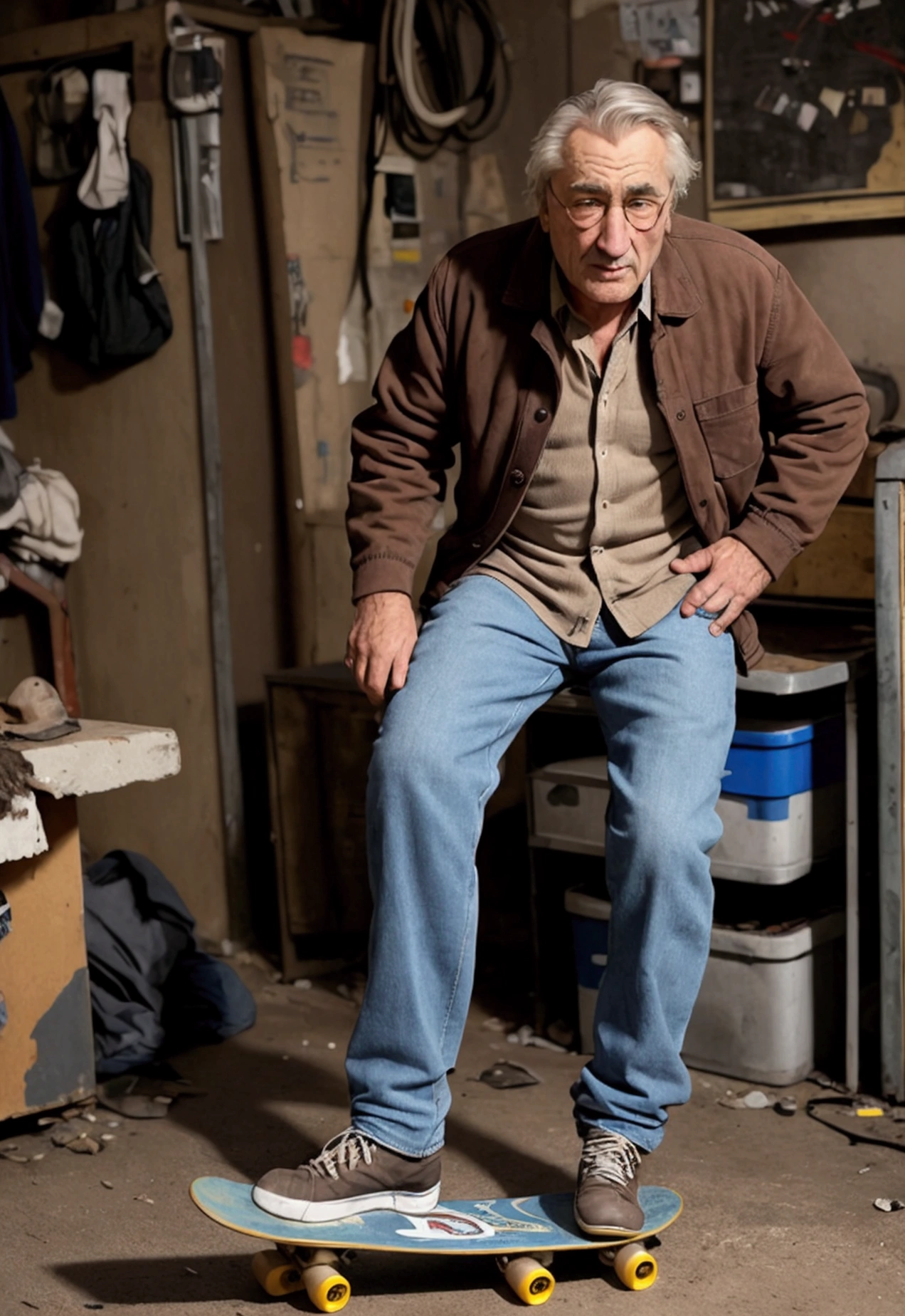An old man Robert de Niro rides a skateboard, gripping the dirt beneath him tightly. He's wearing glasses and a beige jacket, and his hair stands out in the dimly lit room. The room appears to be filled with junk and clutter, adding to the overall gritty feel of the scene. The man's movements are cautious, perhaps due to his age or the unfamiliarity of the skateboard under his feet.