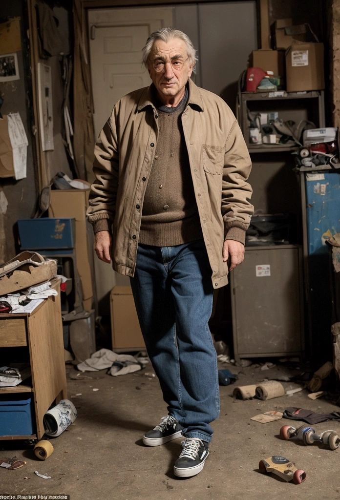 An old man Robert de Niro rides a skateboard, gripping the dirt beneath him tightly. He's wearing glasses and a beige jacket, and his hair stands out in the dimly lit room. The room appears to be filled with junk and clutter, adding to the overall gritty feel of the scene. The man's movements are cautious, perhaps due to his age or the unfamiliarity of the skateboard under his feet.