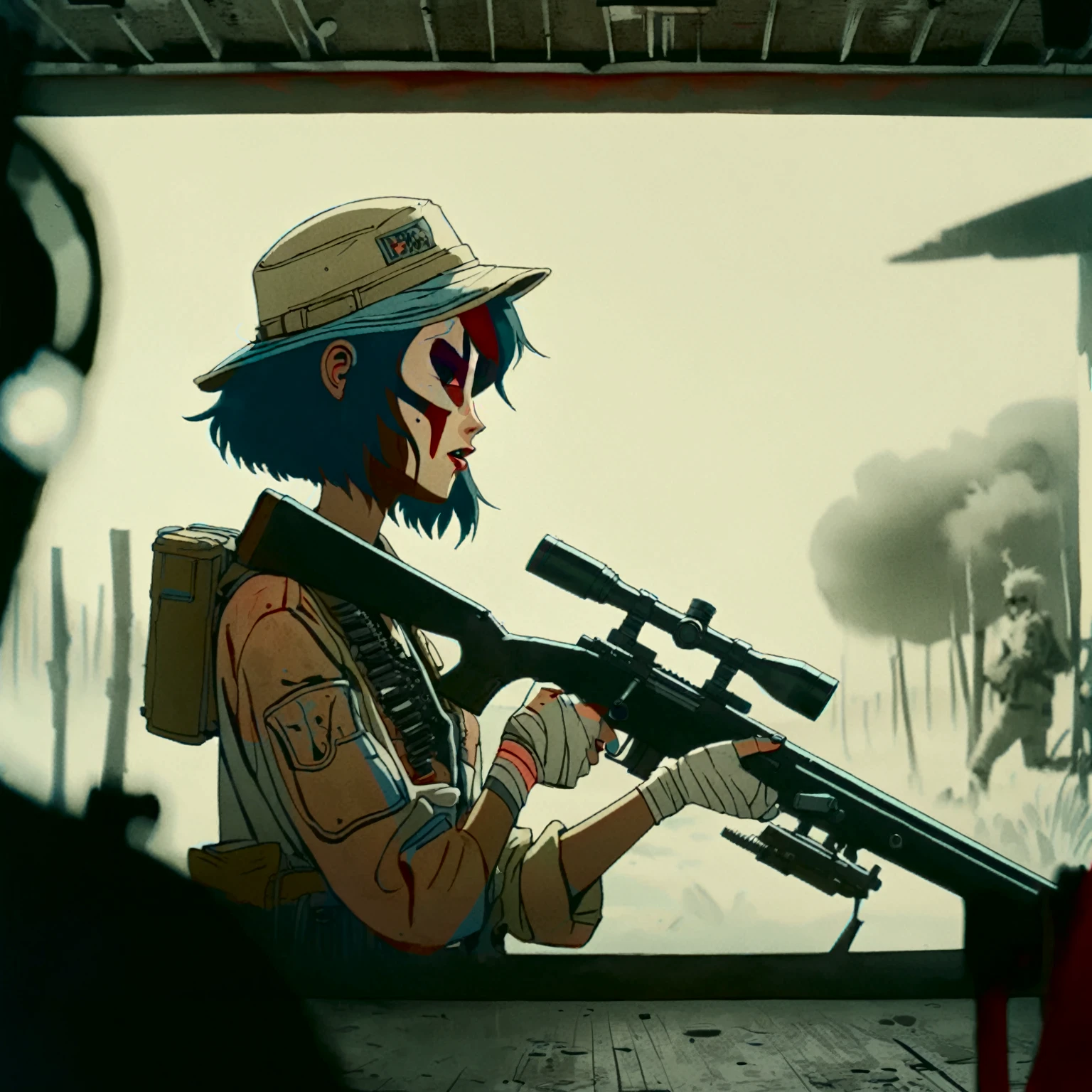 heat, haze, mirage, refraction, hallucination, apparition, unsettling, overwhelming, tank girl, film screengrab, minimal, serene, perfect, strange, candid, cinematic, tank girl with sniper rifle, realism, photographed, timeless, blank canvas, nuanced, clearly cartoon distinct tank girl style aesthetics,