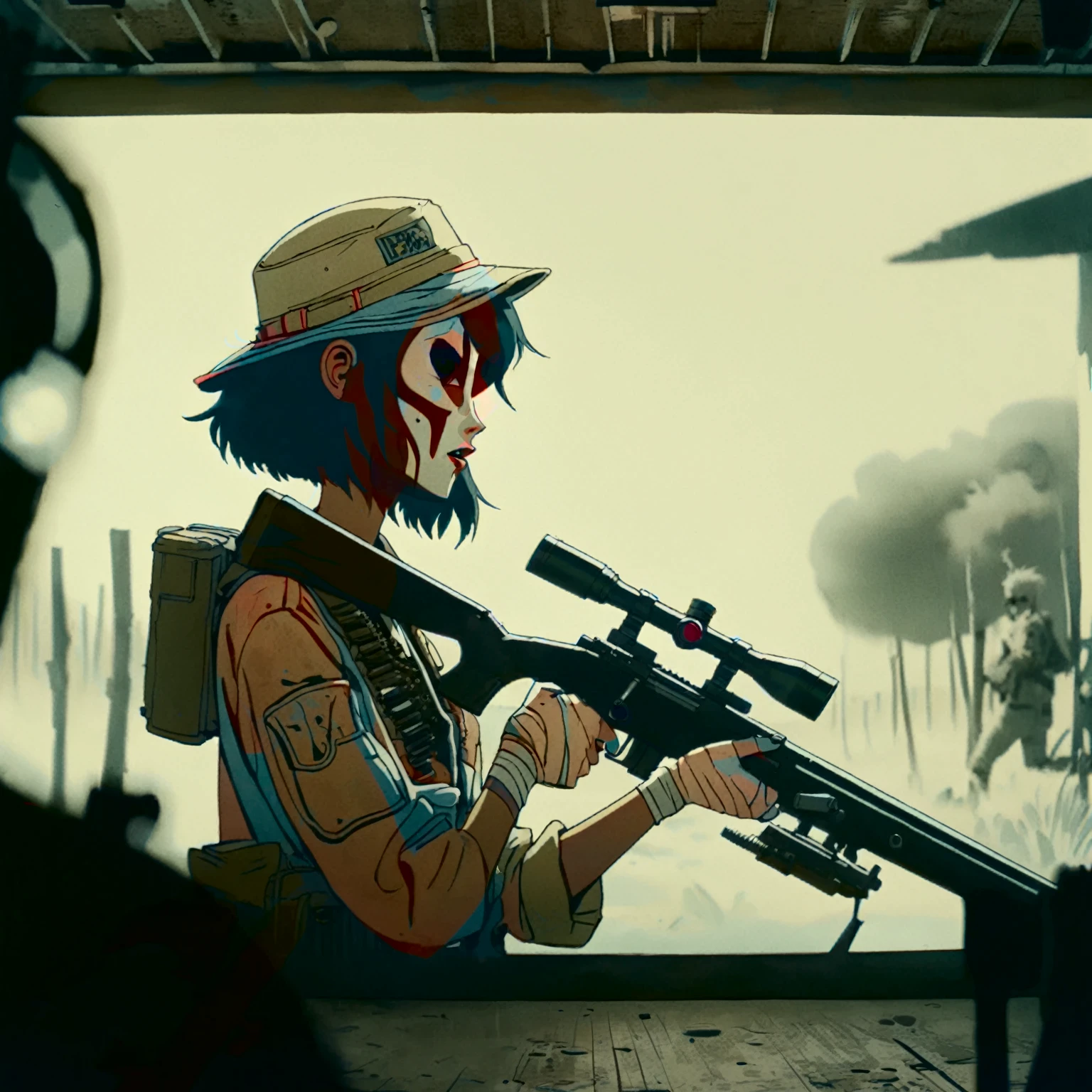 heat, haze, mirage, refraction, hallucination, apparition, unsettling, overwhelming, tank girl, film screengrab, minimal, serene, perfect, strange, candid, cinematic, tank girl with sniper rifle, realism, photographed, timeless, blank canvas, nuanced, clearly cartoon distinct tank girl style aesthetics,
