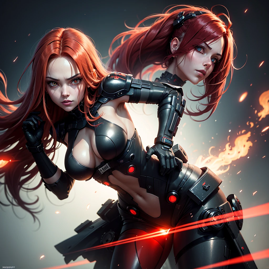 "Fantastic cyberpunk post-apocalyptic style. Beautiful cyborg girl with long red hair, dressed in a black android suit with a cleavage and small red details, stands vertically in front of the camera. Her hands are behind her back. She looks into the lens with a playful, with a slightly flirtatious look and a slight smile. Her thighs are exposed. Dark background with red flashes and lights, creating an atmosphere of slight sadness. The image horizon is flat. Primary colors - black and red." sci fi