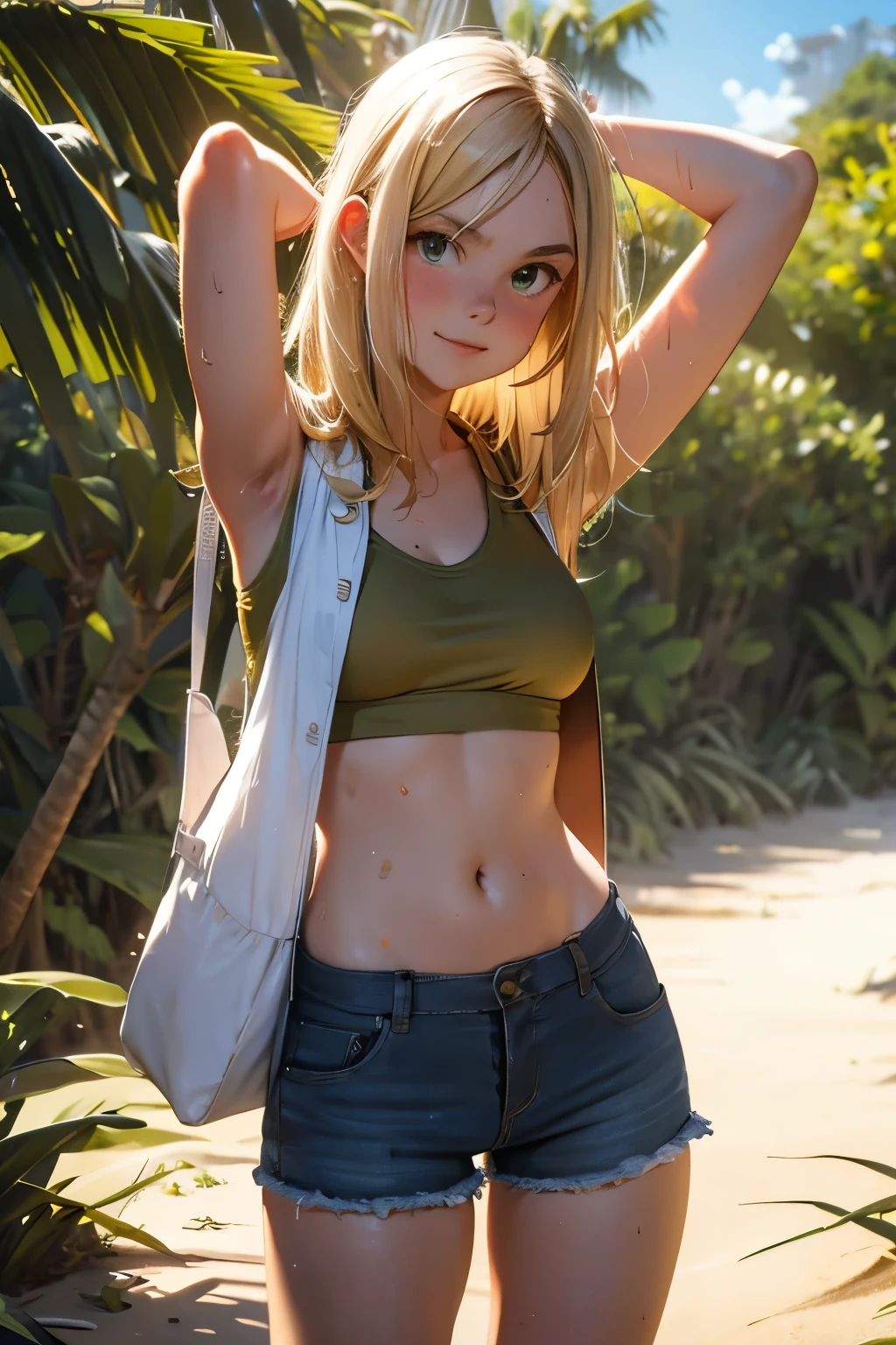 Hot girl. Jungle. Dirty. Beach. Spear. Despeinada. Wild. Mud. Dirt. Sweaty. Covered with Mud. Angry. Sweaty shirt. Escote underboob. Stinky. Bag. Ropa rasgada. Ropa sucia. Armpit. Smile. Blonde. Shorts. Lanza de madera.