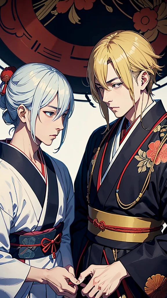 "An image depicting a clash between traditional Japanese culture and Western economic systems. Include elements like traditional Japanese attire and Western business suits, with Eiichi Shibusawa's portrait in the middle, showing cultural tension."
Men only