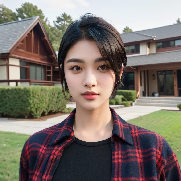 Aaraf wearing a plaid shirt stood in front of the house., Portrait in the middle of a shot, Portrait 8 k, instagram post, Southeast Asians with round faces, Short mohawk hair, Photos in Portrait mode, Medium-term portrait, Shot with Sony Alpha, soft Portrait 8 k, Portrait photography, home photography, Shot with Canon EOS R5, Shot with Canon EOS R5, Headshot profile picture