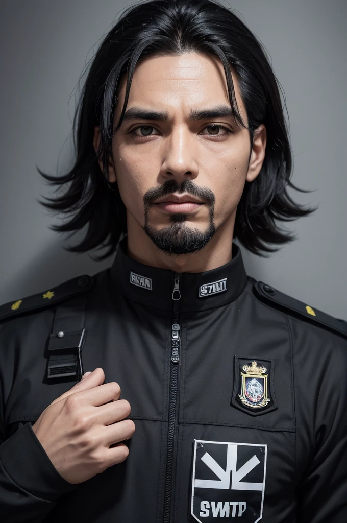 one men, goatee, Bblack hair, eyes black, com uniforme da SWAT
