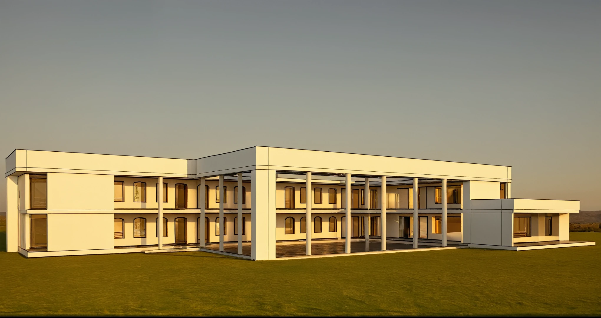 head of&#39;artwork, high quality, best quality, Authentique, Great detail, En plein air, modern house style,bietthuhn, white wall, glass windows, Door&#39;entrance,pavement, grass, trees,blue sky, nuvens, (jour:1.1), realistic lighting