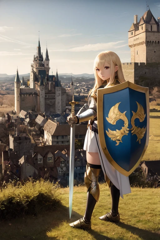 anime girl in golden armor with a sword and shield who is 20 years old in a medieval landscape with the shield raised and a castle in the distance