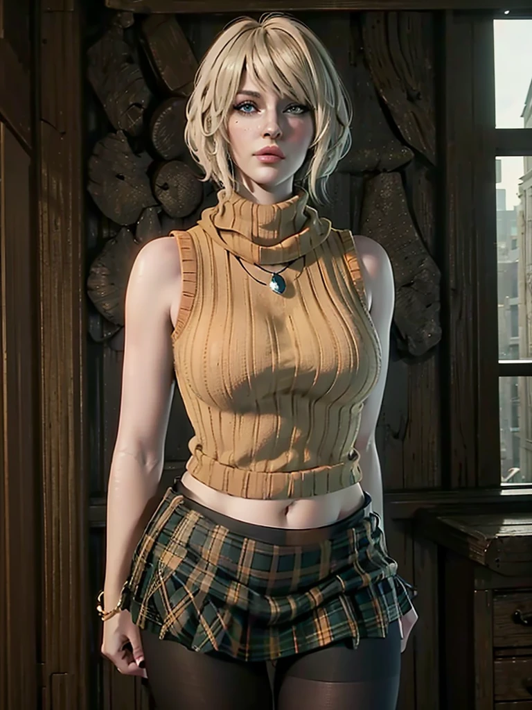 Ashley_BareShoulders_ownwaifu, 1girl, short hair, blonde hair, lips, bob cut, large breasts, blue eyes, freckles, bangs, nose, sleeveless, sleeveless turtleneck, skirt, jewelry, plaid skirt, bare shoulders, necklace, orange sweater, miniskirt, ribbed sweater, green skirt, sleeveless sweater, navel, scarf, pleated skirt, black pantyhose, turtleneck sweater, collarbone, medium hair, (masterpiece), (best quality), (highres), (extremely detailed CG unity 8k wallpaper), outdoors, day, cowboy shot, looking at viewer, solo, focused,
