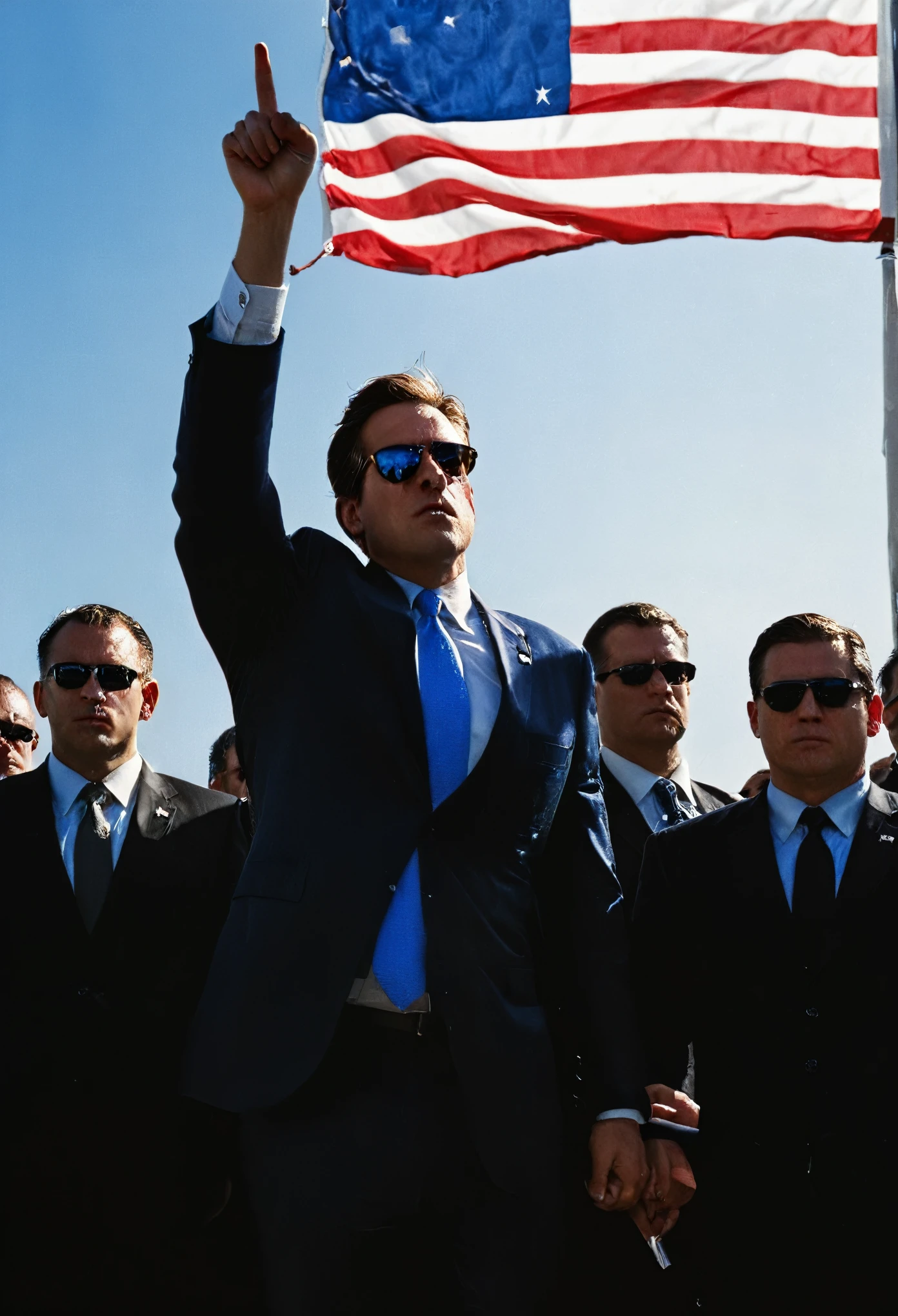During a heated political rally, a key figure with a noticeable facial injury stands resolutely with a raised fist. The surrounding security team, clad in sharp suits and sunglasses, rushes to provide protection. An American flag prominently waves in the background, contrasting with the clear blue sky and emphasizing the event's patriotic fervor. The scene conveys a powerful mix of determination, protection, and the urgent need for safety in a highly charged public atmosphere.