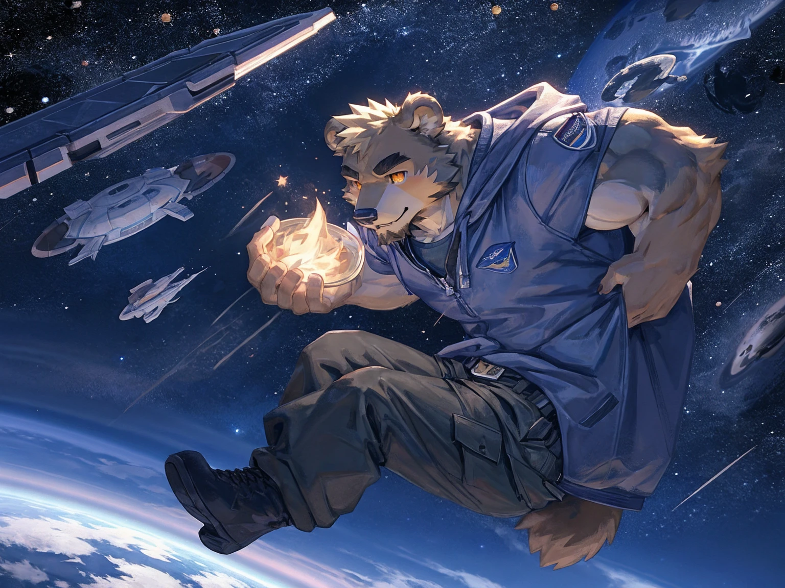 (masterpiece:1.2), best quality,pixiv,official art,perfect anatomy, (Ray tracing, light),solo, (1_male:1.3) , (muscle), (grey fur:1.4), (muscle bear), (beard:1.2), (gleaming golden eyes), bear tail, full body, Thick black eyebrows,(open hooded parka), (naked inside), (cargo pants:1.2), boots , (in the space:1.3) , star , planet , earth , asteroid , (character floating :1.3)