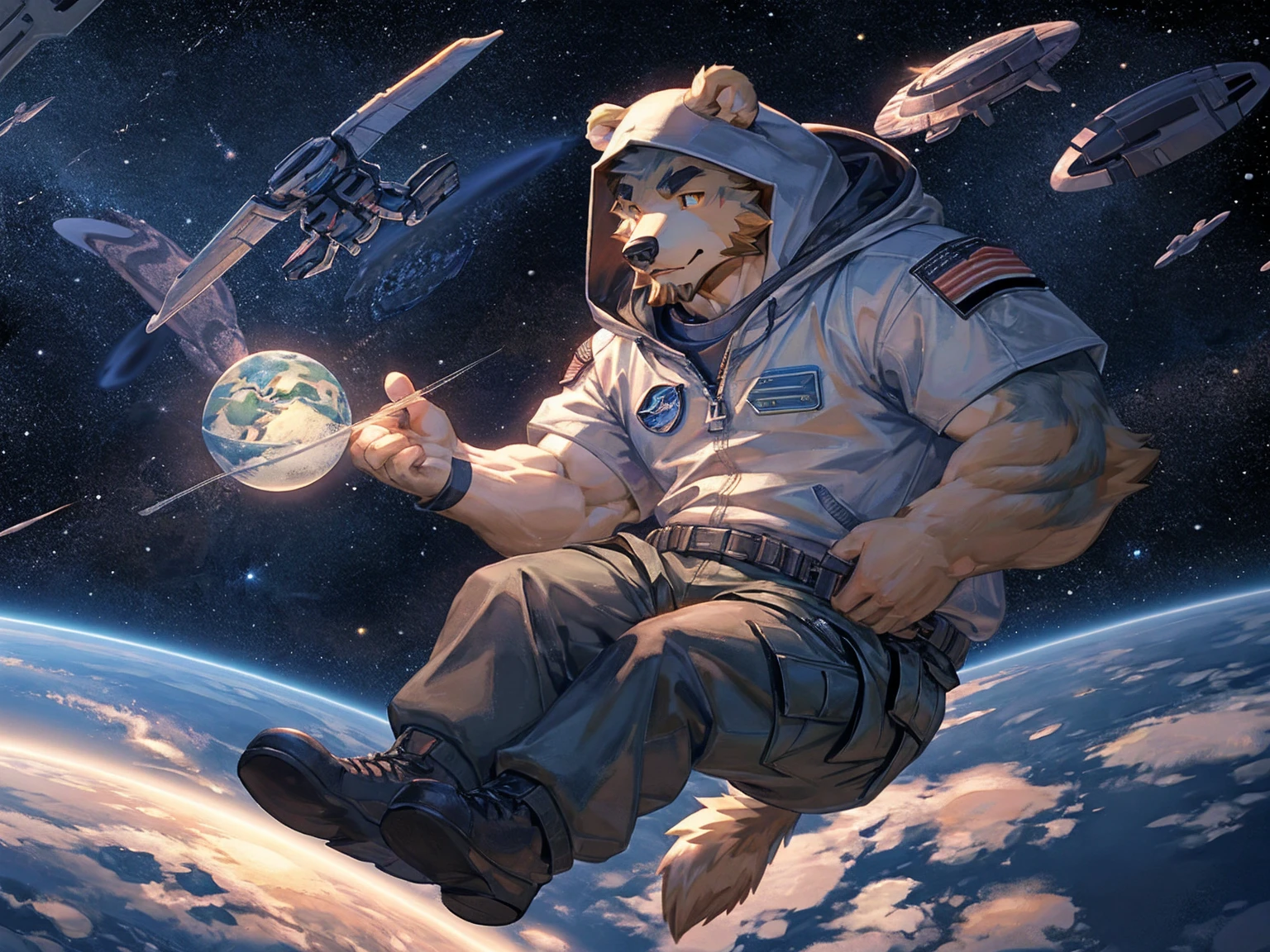 (masterpiece:1.2), best quality,pixiv,official art,perfect anatomy, (Ray tracing, light),solo, (1_male:1.3) , (muscle), (grey fur:1.4), (muscle bear), (beard:1.2), (gleaming golden eyes), bear tail, full body, Thick black eyebrows,(open hooded parka), (naked inside), (cargo pants:1.2), boots , (in the space:1.3) , star , planet , earth , asteroid , (character floating :1.3)