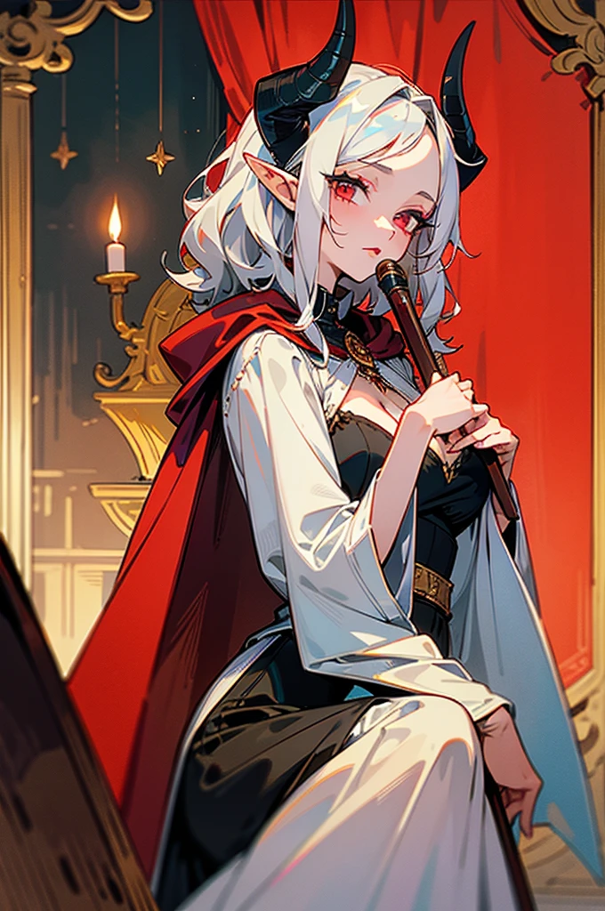 1woman, thirty years old, woman, dark woman, little black horns, solo, in a medieval tavern with bar, mature, deep red eyes, [Short hair], wavy hair, [White hair], androgyne, elf ears, delicate skin, lipstick, makeup, ghotic, mature female, dark dress with cape, black medieval dress, masterpiece, best quality, 8K, luth instrument