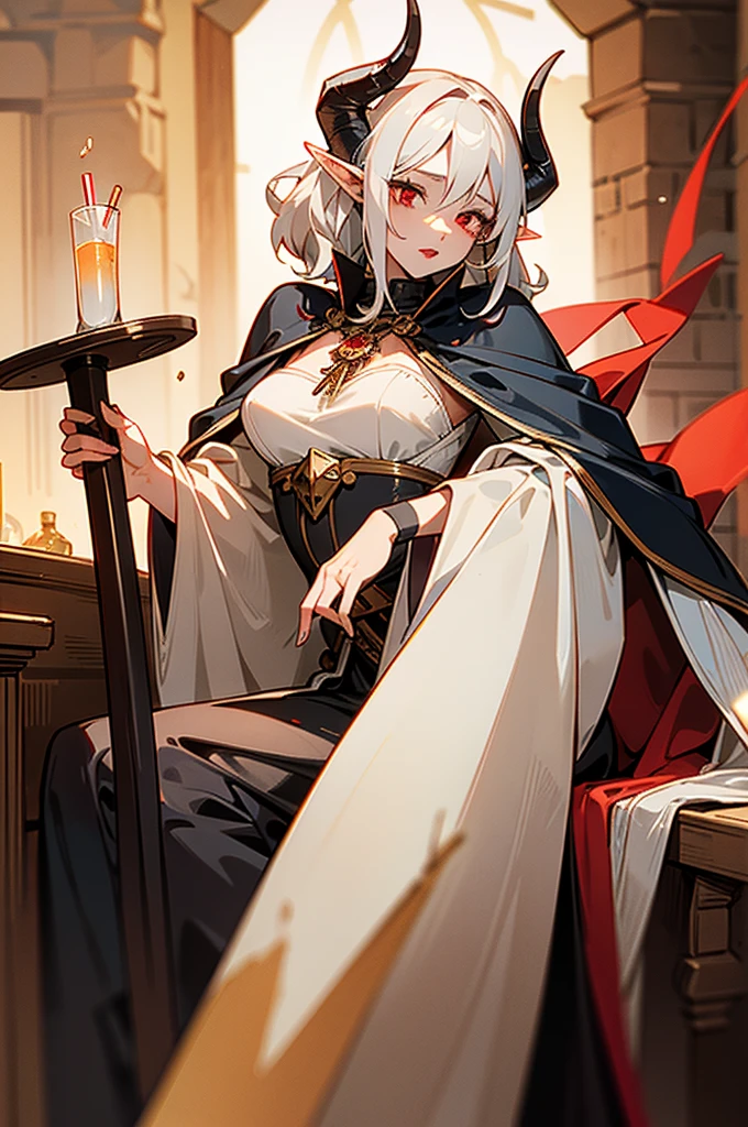 1woman, thirty years old, woman, dark woman, little black horns, solo, in a medieval tavern with bar, mature, deep red eyes, [Short hair], wavy hair, [White hair], androgyne, elf ears, delicate skin, lipstick, makeup, ghotic, mature female, dark dress with cape, black medieval dress, masterpiece, best quality, 8K, luth instrument