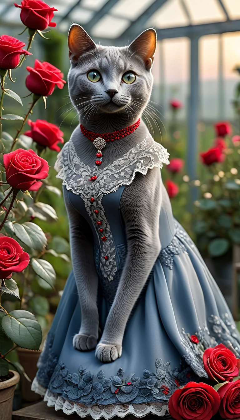 Realistic portrait of an animal in clothes - beautiful Russian Blue cat, Standing with a red rose,(A greenhouse in the evening with lots of red roses in full bloom), high quality,(Lovely) ,Intricate details, Very detailed ((Elegant lace grey floral one-piece dress) ,Antique photos、Nostalgia、Very detailed decorations,, (ennui), Natural light,Evening Light、Magic Hour(Full body image:1.5)