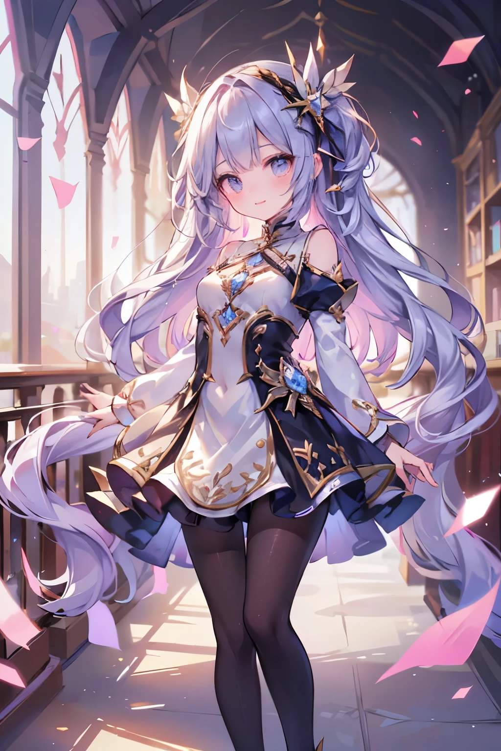 ((4K、8K、quality、Perfect Finger: 1.Perfect anatomy: 1.3、The background is blurred out))、(Transform the sequence)、((a beautiful slender girl、Shy Laughter、Cute big droopy eyes、Long straight hair with sides facing up、12year old girl、Small bust uniform tights、longer sleeves、Ornately decorated headband))、(high legs)、Permanent、Full body depiction、wide wide shot、In the noble hall、