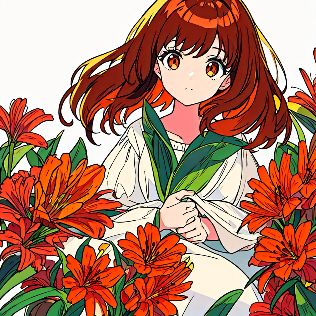 Orange plain background, lily flower, woman in white dress, brown hair, summer, nostalgic, simple