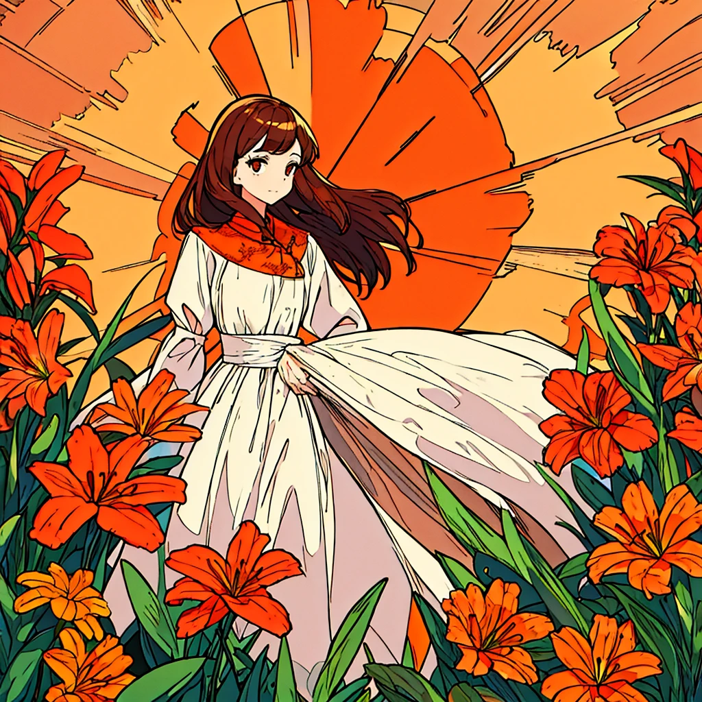 Orange plain background, lily flower, woman in white dress, brown hair, summer, nostalgic, simple