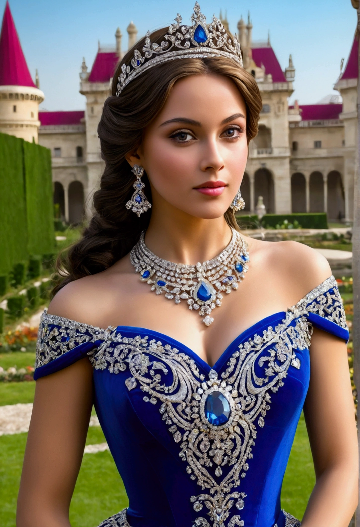 The beautiful princess, wearing the most beautiful royal dress, the dress is decorated with jewels and diamonds, her necklace is made of diamonds and gemstones, her cleavage is visible, her breasts are big, she is playing in the garden, the background is a magnificent palace.  ((good image quality, RAW, masterpiece, real photo.