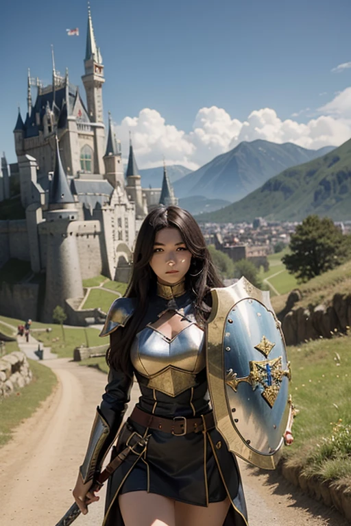 anime girl in golden armor with a sword and shield who is 20 years old in a medieval landscape with the shield raised and a castle in the distance