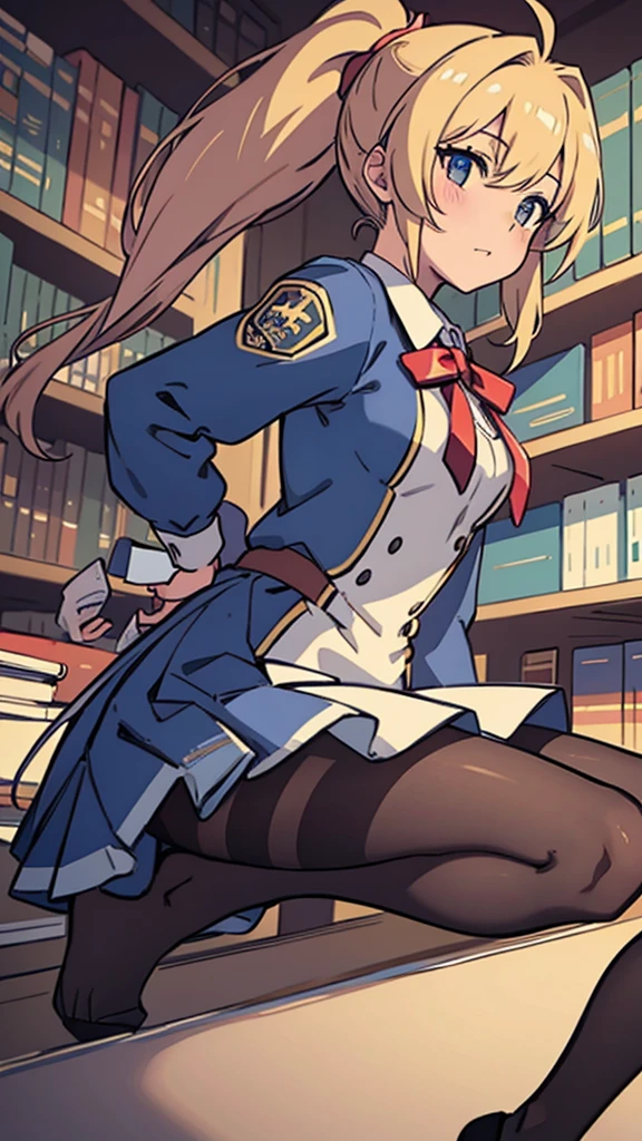 Pantyhose,high school girl,Angle from below,Crouching,library,ponytail