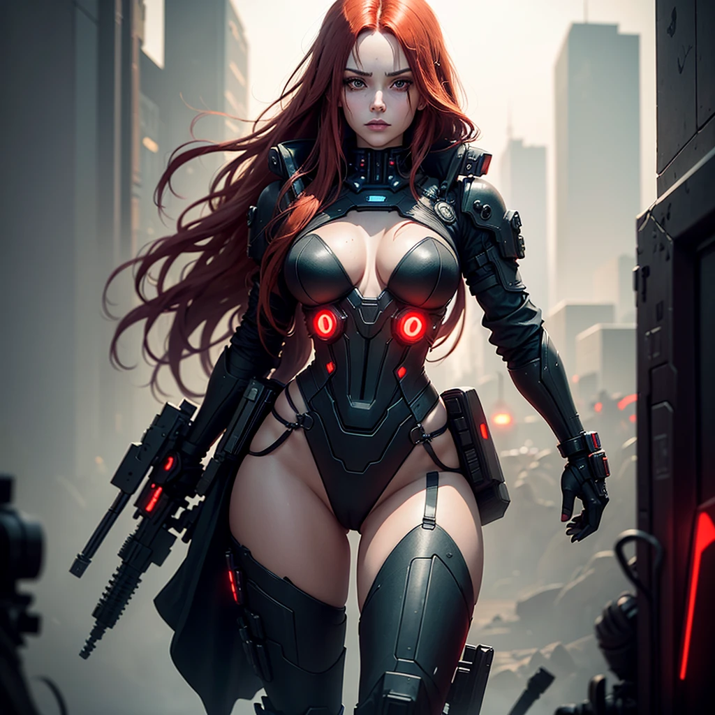 "Fantastic cyberpunk post-apocalyptic style. Beautiful cyborg girl with long red hair, dressed in a black android suit with a cleavage and small red details, stands vertically in front of the camera. Her hands are behind her back. She looks into the lens with a playful, with a slightly flirtatious look and a slight smile. Her thighs are exposed. Dark background with red flashes and lights, creating an atmosphere of slight sadness. The image horizon is flat. Primary colors - black and red." sci fi