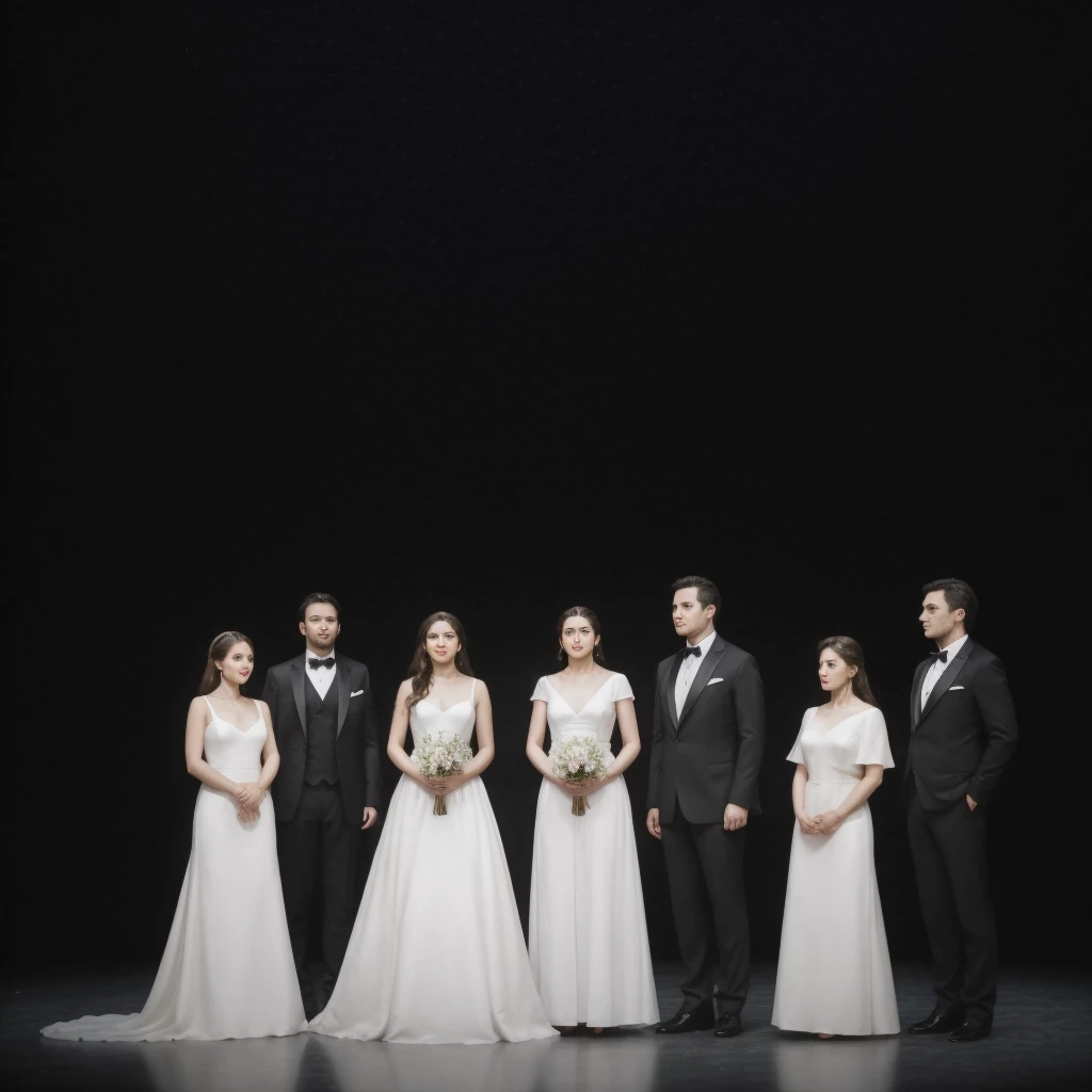 Three men and three women are standing on the opera stage, the three men are wearing black suits and the three women are wearing elegant long white dresses, realistic photo