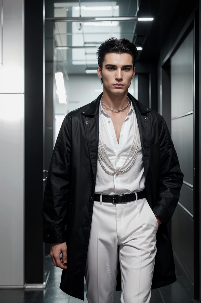 (absurdities, high resolution, ultra detailed), Extremely Extravagant Vampire Catwalk Male Model Fashion Show, perfectly drawn face, wearing luxury white vampire skin clothing for men, epic, Full body photo, cinematic lighting, intricate details, model track background, perfect lighting, approaching perfection, 8K resolution, black hair with white strands 25 year old boy who has his gaze in the window, unlike everyone else he is aloof he wears a black jacket. He turns towards me, his eyes are black as deep as the night, his skin is pale and his hair falls in his face and a single strand is white.. His mind seems lost in its own world with a lock dyed white