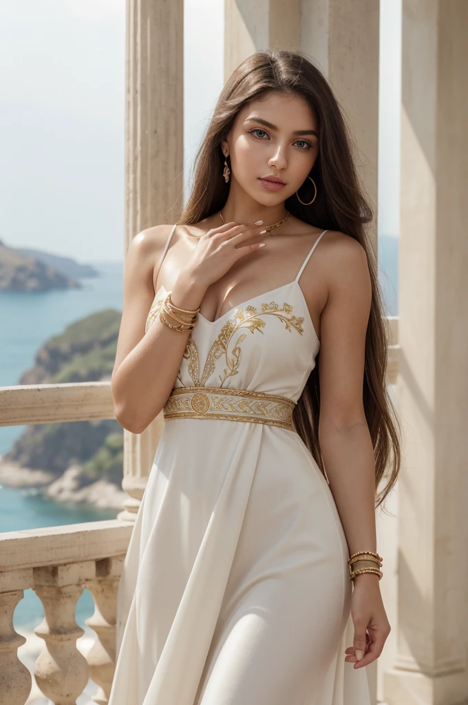 (Masterpiece), (portrait), (aesthetic), (beautiful), (superior blood), (high quality), (aesthetic clothings), (professional angle), (rule of thirds), (female), (Women), (female), (beautiful),(rasgos females), (25 years), Alone, 1 Women, (attractive greek), summer, Luz outfit, (standing), Natural makeup, (small bust), ((holding a greek vase)), (cara frontal), (serene expression), ((calm, Graced)), gold bracelet, ((wide)), (by the chestnut), (braided hair), (silky hair), shiny and shiny hair, (hairpin), (Blue eyes), (elegant look), (White skin), (embroidered clothing), (flowy dress), (sandals), (Skirt), Heart neckline), ((Coastal background)), (- In the background), (Complete plan), beautiful hands, two hands, normal hands, two arms, full hands, beautiful body, beautiful fingers, normal fingers, Five fingers, Five fingers, (Thumb index pinky ring nosy), beautiful ears, normal ears, beautiful eyes, bright Eyes, beautiful mouth, beautiful lips,