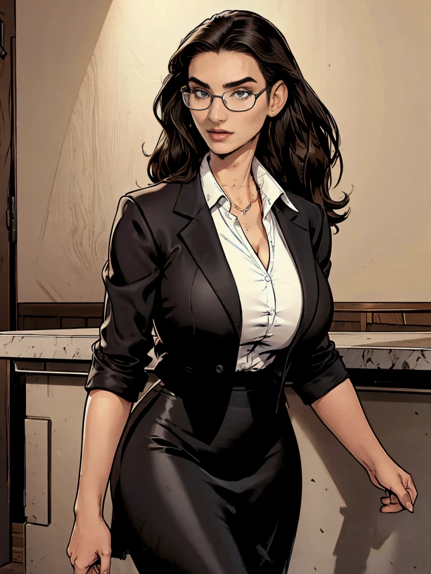 Gorgeous and sultry athletic (thin) brunette with sharp facial features and a (large nose) and (huge boobsring a black blazer, white blouse and black pencil skirt, glasses