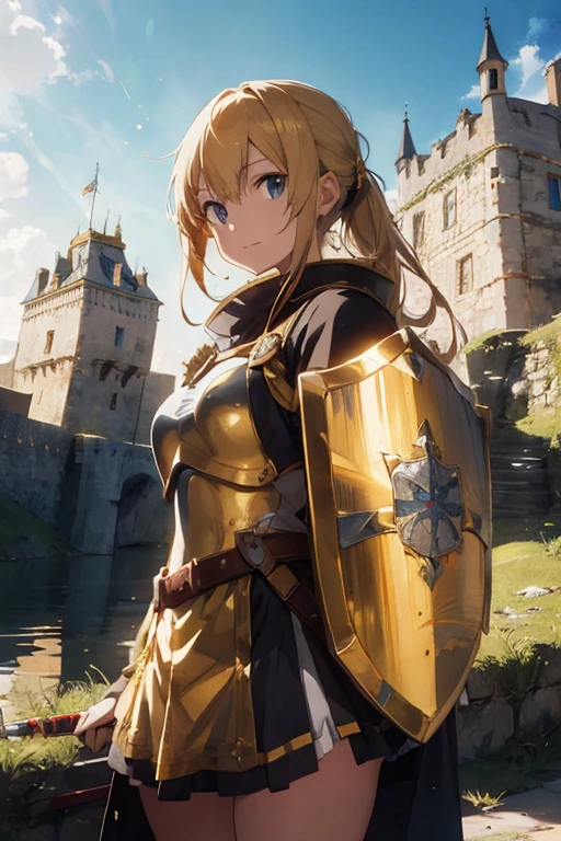 anime girl in golden armor with a sword and shield who is 20 years old in a medieval landscape with the shield raised and a castle in the distance