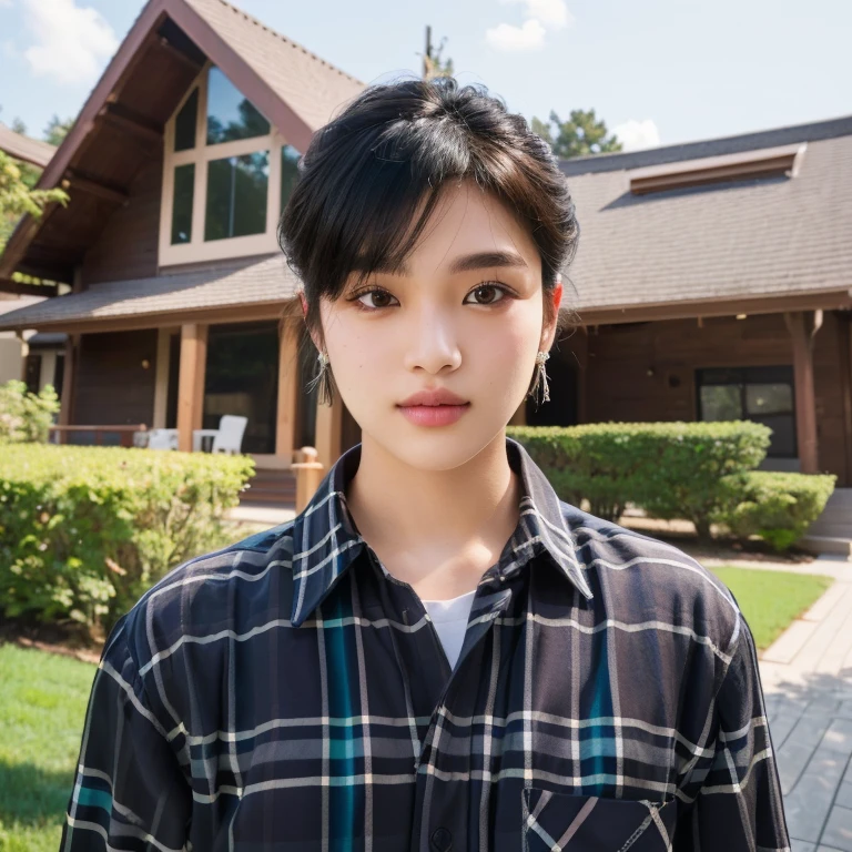 Aaraf wearing a plaid shirt stood in front of the house., Portrait in the middle of a shot, Portrait 8 k, instagram post, Southeast Asians with round faces, Short mohawk hair, Photos in Portrait mode, Medium-term portrait, Shot with Sony Alpha, soft Portrait 8 k, Portrait photography, home photography, Shot with Canon EOS R5, Shot with Canon EOS R5, Headshot profile picture