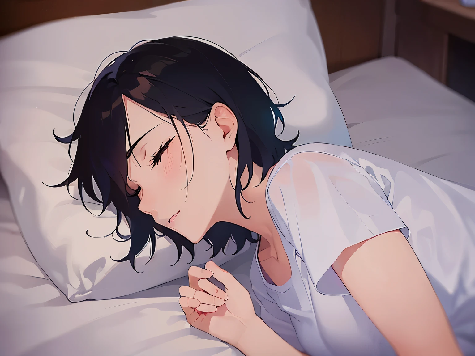 (25-year-old male:1.5) and (Black short hair), (white) and (T-Shirts)、upper body,profile,Side shot、 shiny skin, masterpiece、Highest quality、Sleeping in bed、Both eyes are closed(alone:1.5)