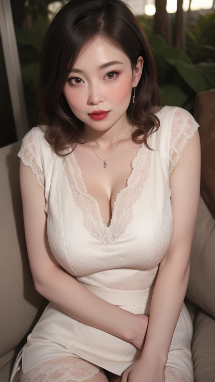 (((Full and soft breasts,)))(((Huge breasts))) (((Cleavage))) (Perfect curvy figure)(whole body:1.3), (Extreme beauty), (Fat goddess), Gravure printing, best quality, Extremely detailed, Reality, Super delicate skin, Perfect anatomical structure, (1 Japanese mature woman), (Solitary), 40 years old, Large Breasts, Adult, Attractive, Sexy, Fair skin, View Viewer, Middle-aged women,(无Cleavage),thigh, cosmetic, (Lipstick: 1.1), (Eyeliner: 1.2), mascara, Eyeshadow, curls, Room, outdoor, earrings, necklace,  Elegant hollow exquisite lace slim dress, Tight mini skirt, Smooth pantyhose, Wrinkles at the corners of the eyes, Oral wrinkles,