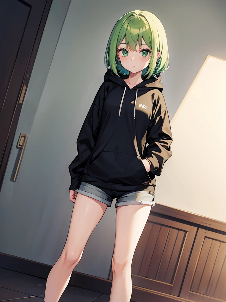 Masterpiece,High Quality,(Full Length 1.2),Animated Standing, Black Shorts,(Black and White Open Hoodie),Black Open Hoodie, White Shirt,(Green Hair 1.4),Anime Girl with short green hair and green eyes,(Detailed Eyes 1.6),(Clear Eyes 1.4),(Beautiful Eyes 1.4 ),(Shining eyes 1.4), White cyan, Green hair, Detailed key animation art, Anime portrait, Shining eyes, Girl with green hair, Green light hair, Black shorts, Gray shoes, White socks, Thighs, 4K
